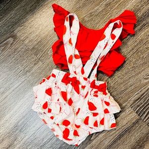 SHEIN Baby Girl Ruffle Trim Top & Strawberry Print Bow Pinafore Shorts